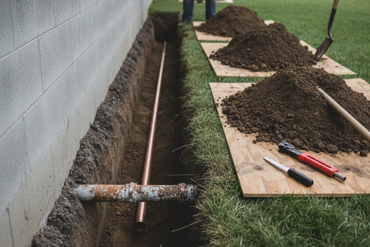 Excavated water line trench during Sewer Line Repair in Highmore